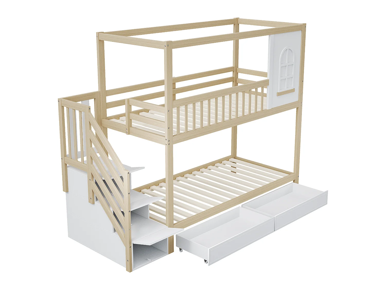 Beliche infantil 90x200cm com 2 gavetas e escada com espaço para arrumação - Cama tipo cabana - branco e natural