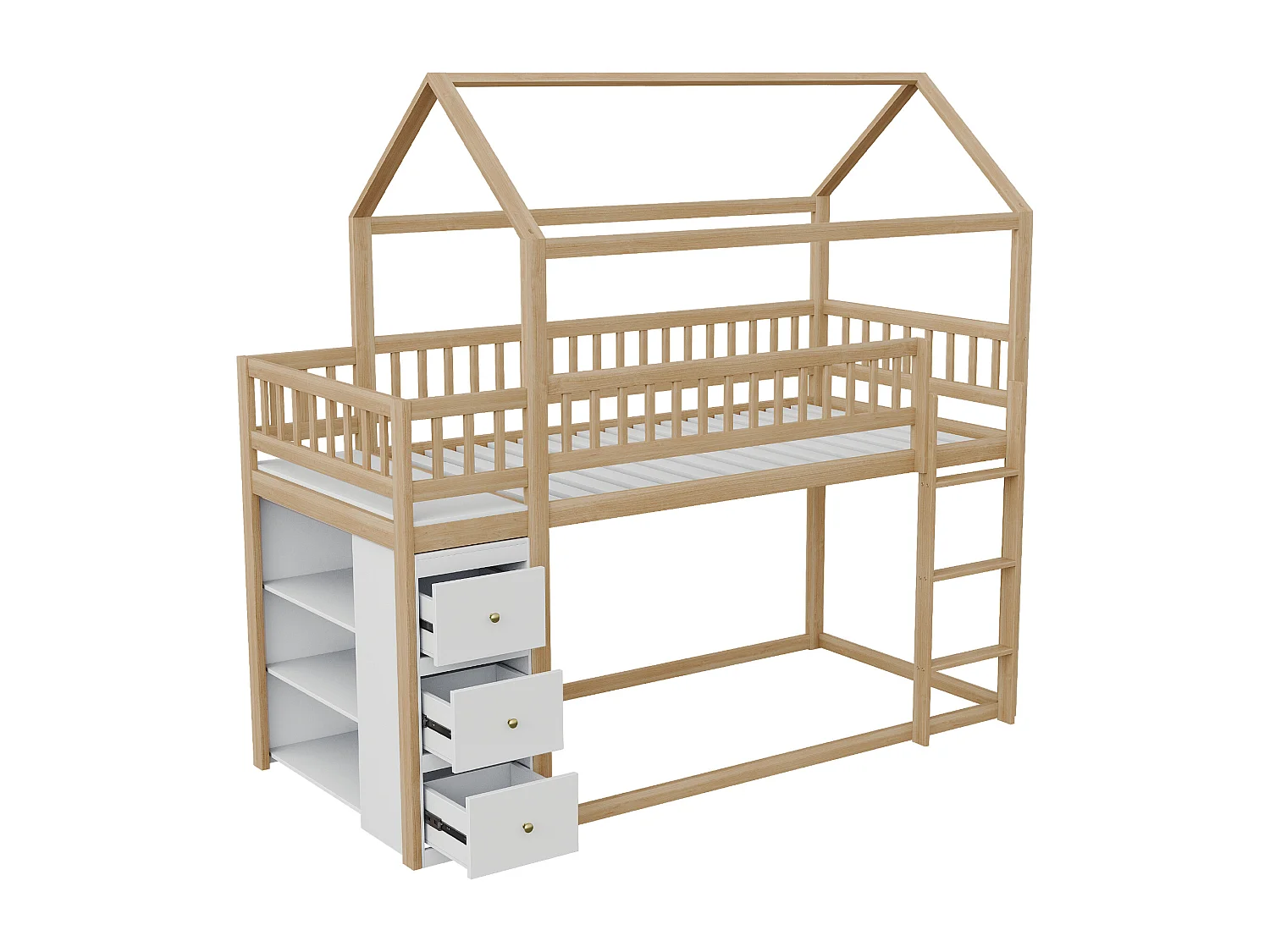 Kinderstapelbed met kajuitdesign, 90x200cm, met 3 lades en planken, grenen + MDF, wit + naturel