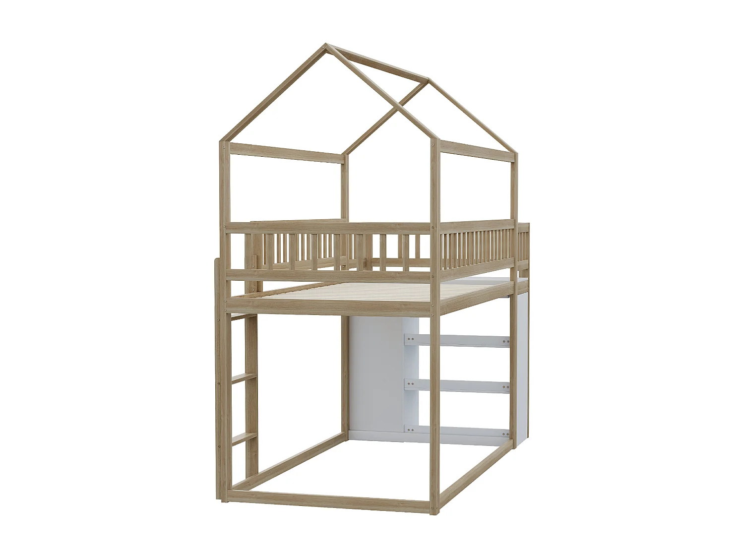 Kinderstapelbed met kajuitdesign, 90x200cm, met 3 lades en planken, grenen + MDF, wit + naturel