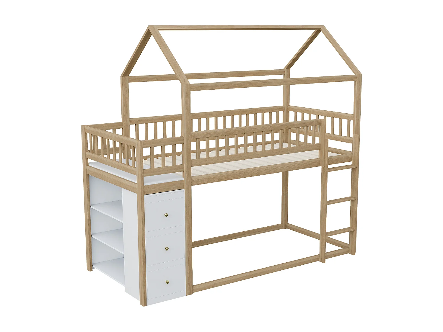 Kinderstapelbed met kajuitdesign, 90x200cm, met 3 lades en planken, grenen + MDF, wit + naturel