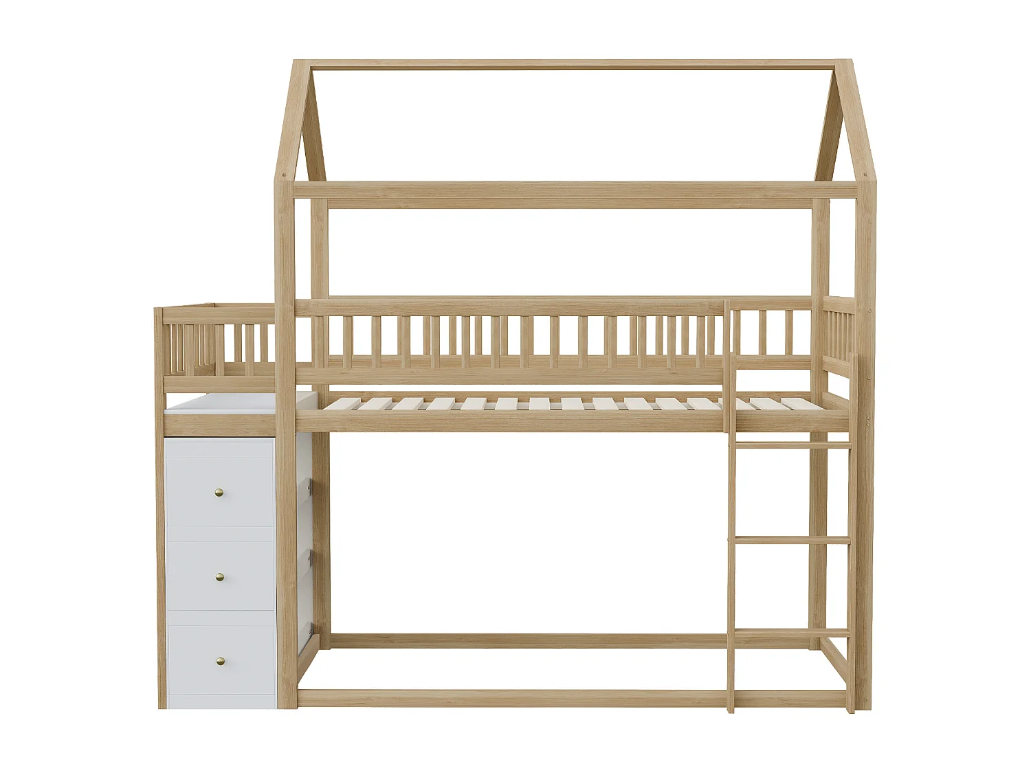 Kinderstapelbed met kajuitdesign, 90x200cm, met 3 lades en planken, grenen + MDF, wit + naturel