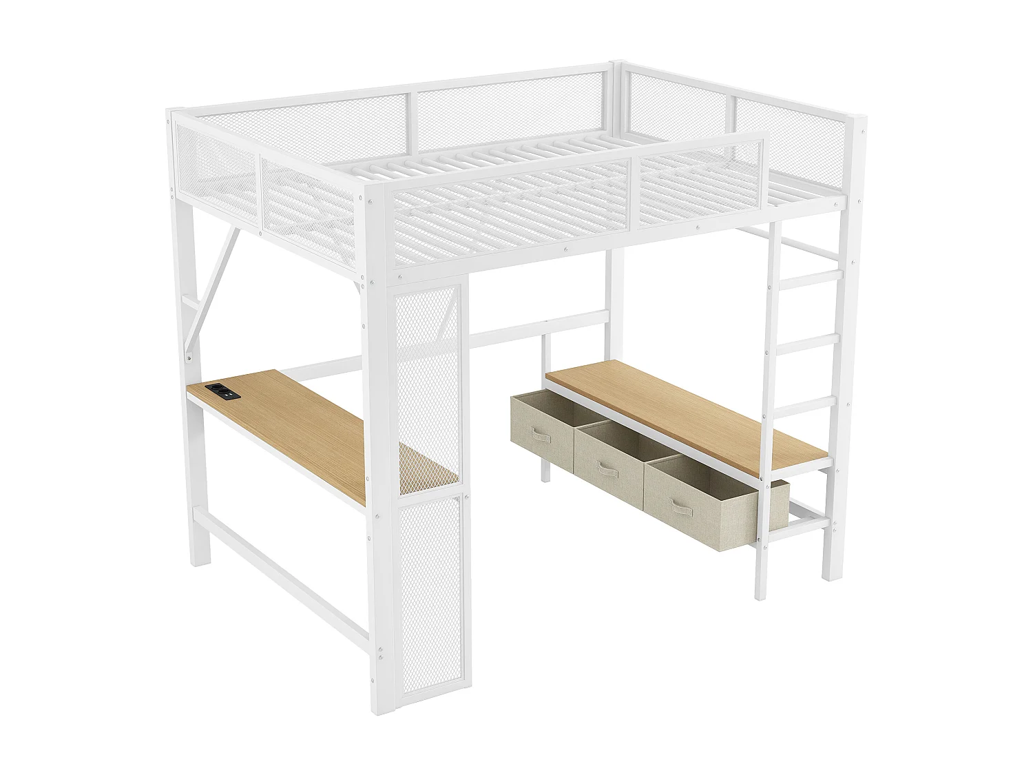 Lit mezzanine enfant 140x200cm avec USB, LED, bureau et 3 tiroirs - MDF et métal -Blanc