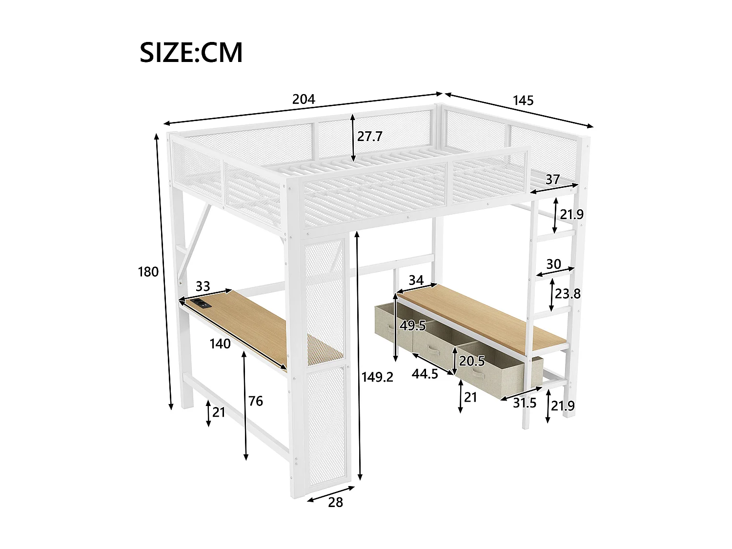 Lit mezzanine enfant 140x200cm avec USB, LED, bureau et 3 tiroirs - MDF et métal -Blanc