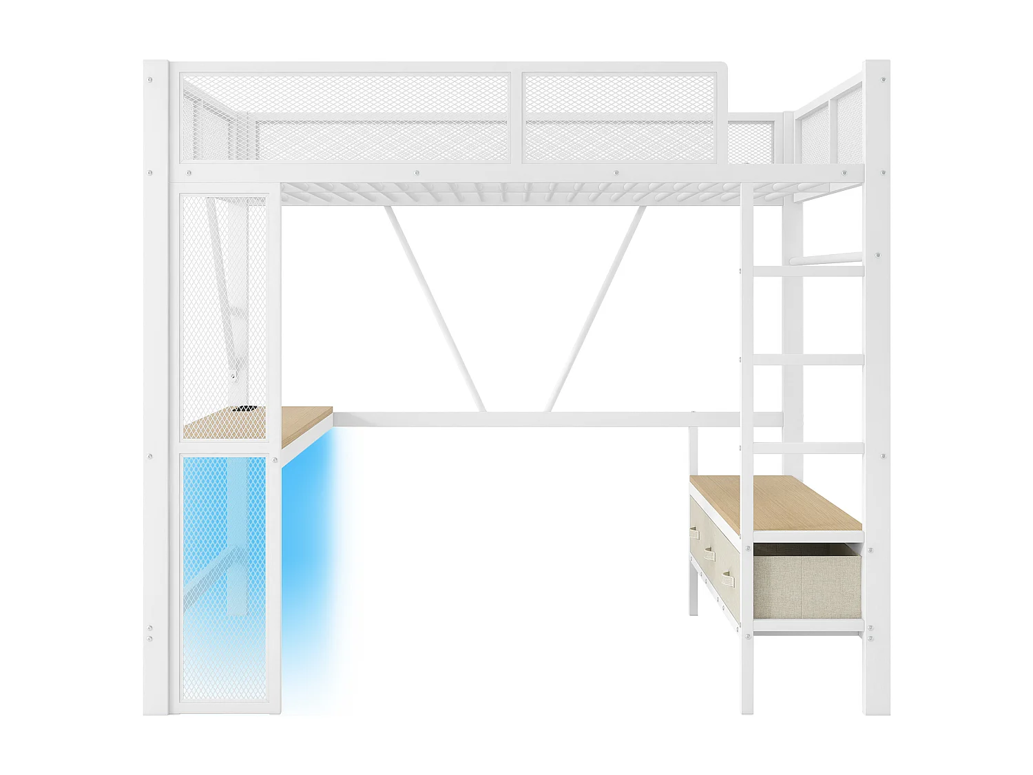 Lit mezzanine enfant 140x200cm avec USB, LED, bureau et 3 tiroirs - MDF et métal -Blanc