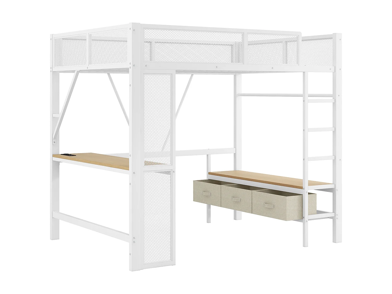 Kinderhoogslaper 140x200cm met USB, LED, bureau en 3 lades - MDF en metaal - Wit