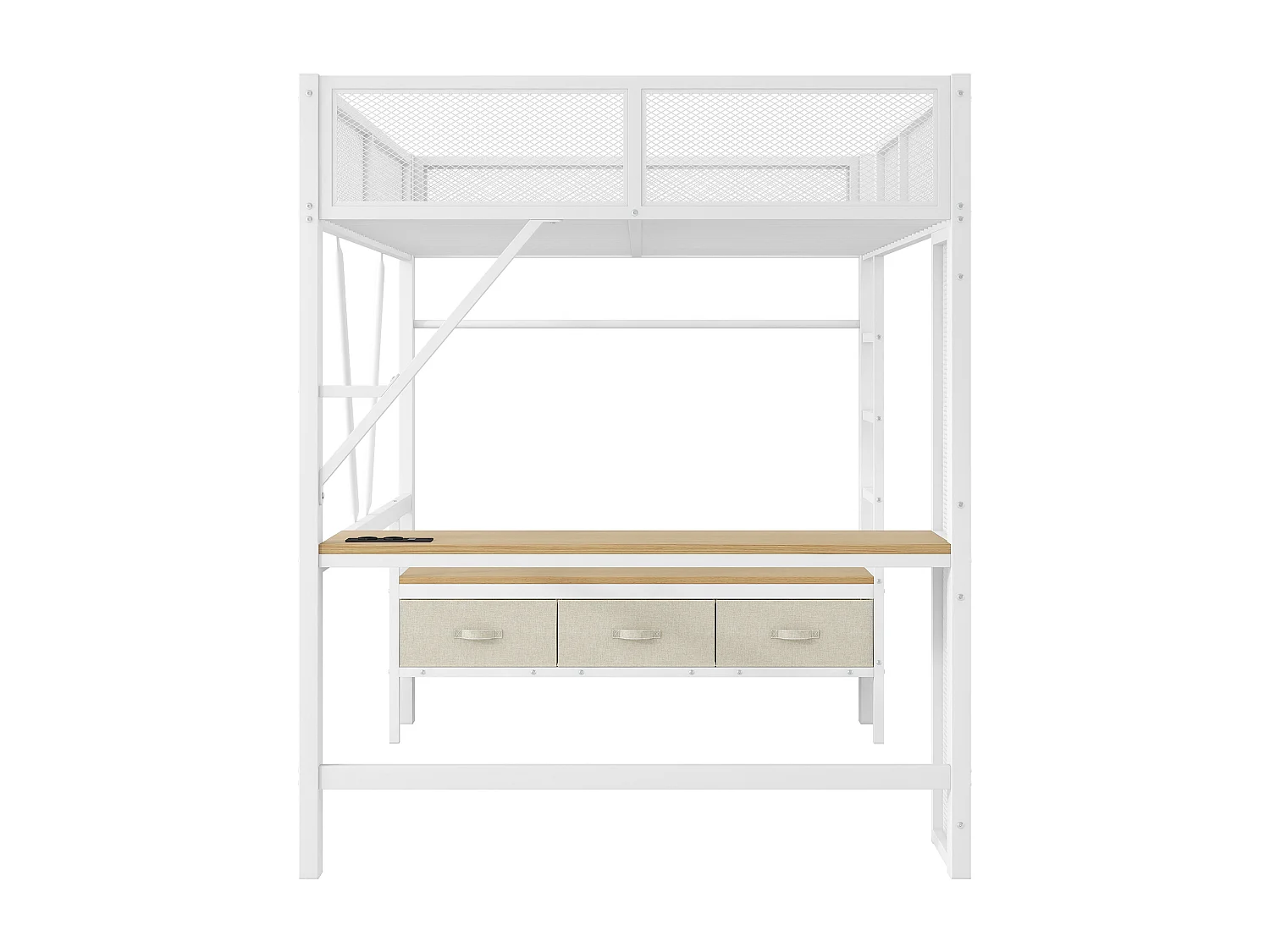 Kinderhoogslaper 140x200cm met USB, LED, bureau en 3 lades - MDF en metaal - Wit