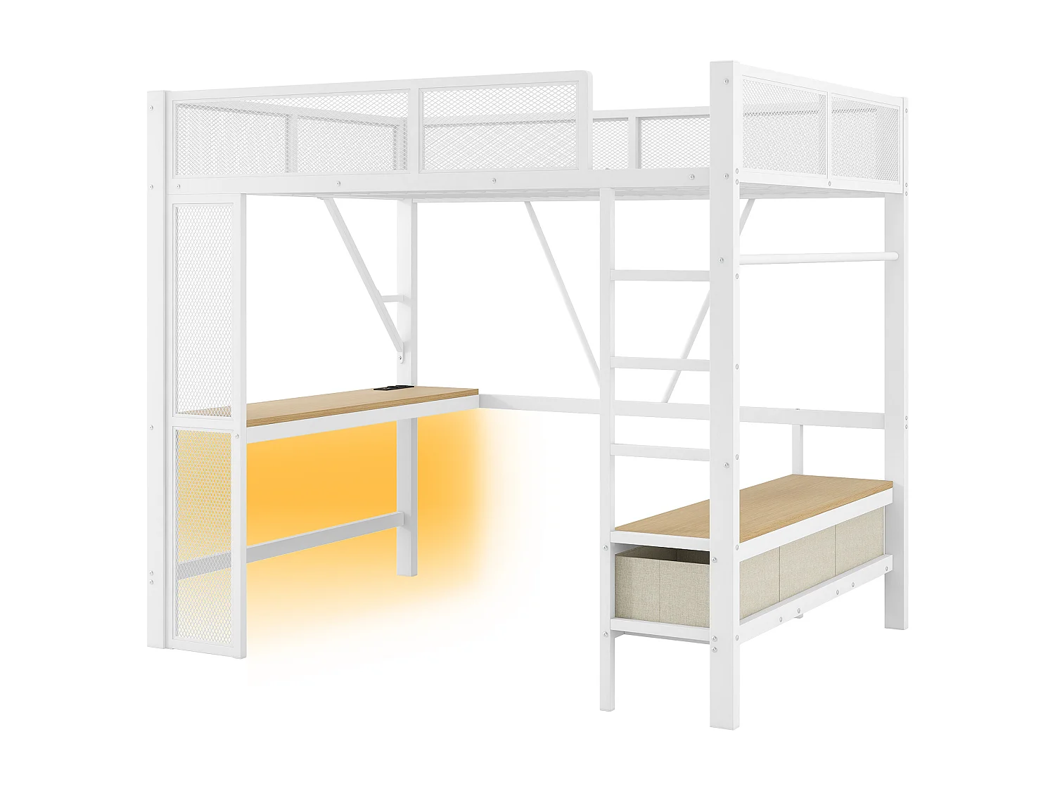 Kinderhoogslaper 140x200cm met USB, LED, bureau en 3 lades - MDF en metaal - Wit