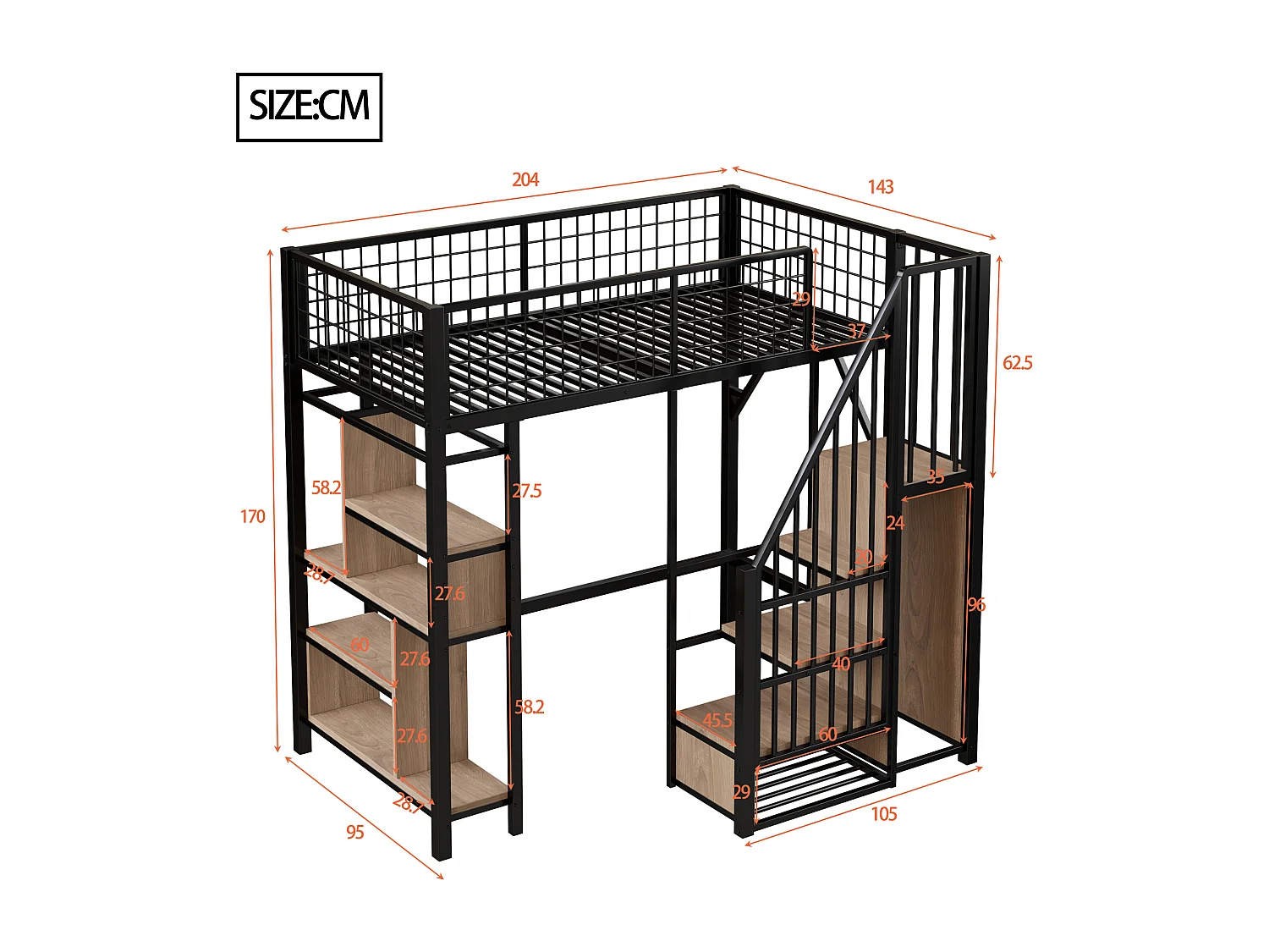 Lit mezzanine 90x200cm avec étagères et escalier de rangement, MDF + métal, noir