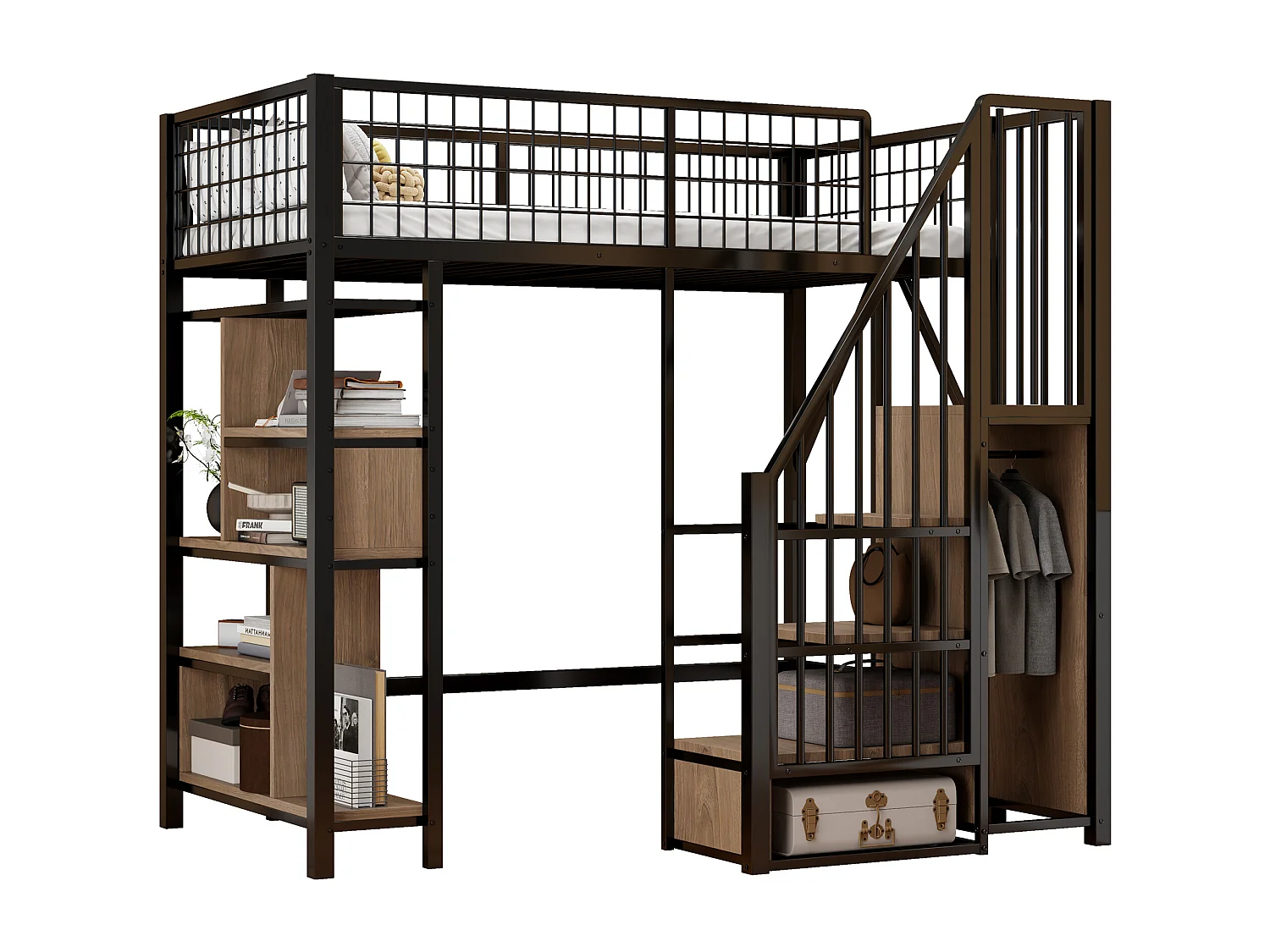 Lit mezzanine 90x200cm avec étagères et escalier de rangement, MDF + métal, noir