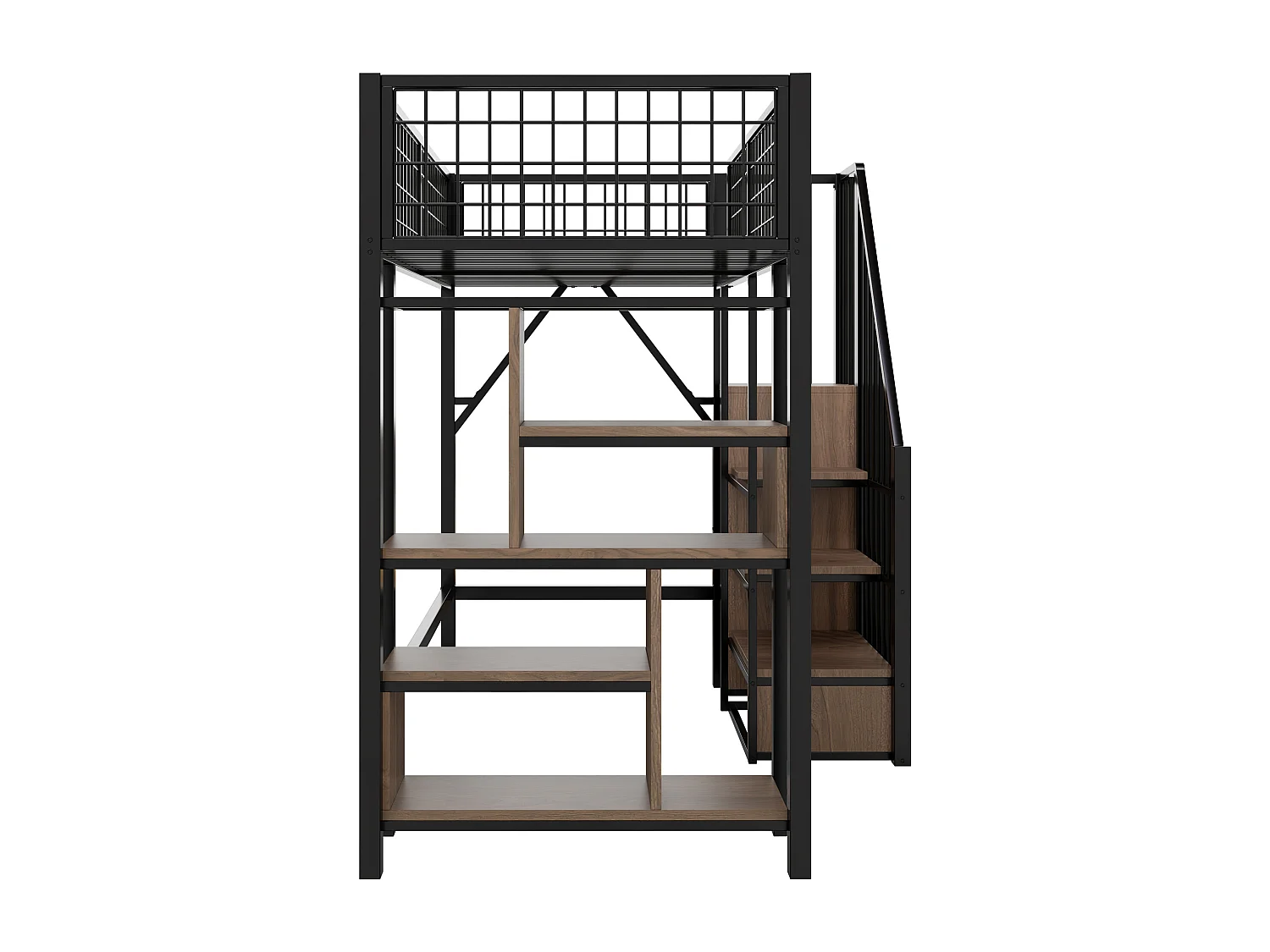 Lit mezzanine 90x200cm avec étagères et escalier de rangement, MDF + métal, noir