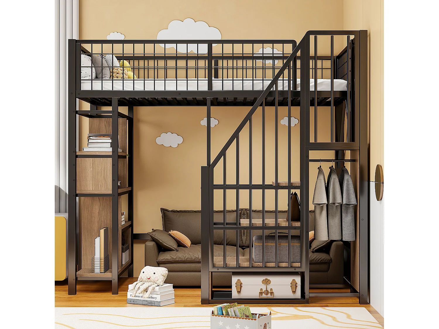 Lit mezzanine 90x200cm avec étagères et escalier de rangement, MDF + métal, noir