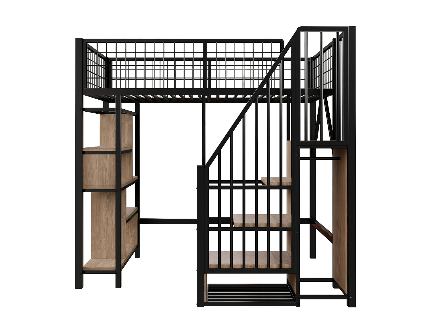 Lit mezzanine 90x200cm avec étagères et escalier de rangement, MDF + métal, noir