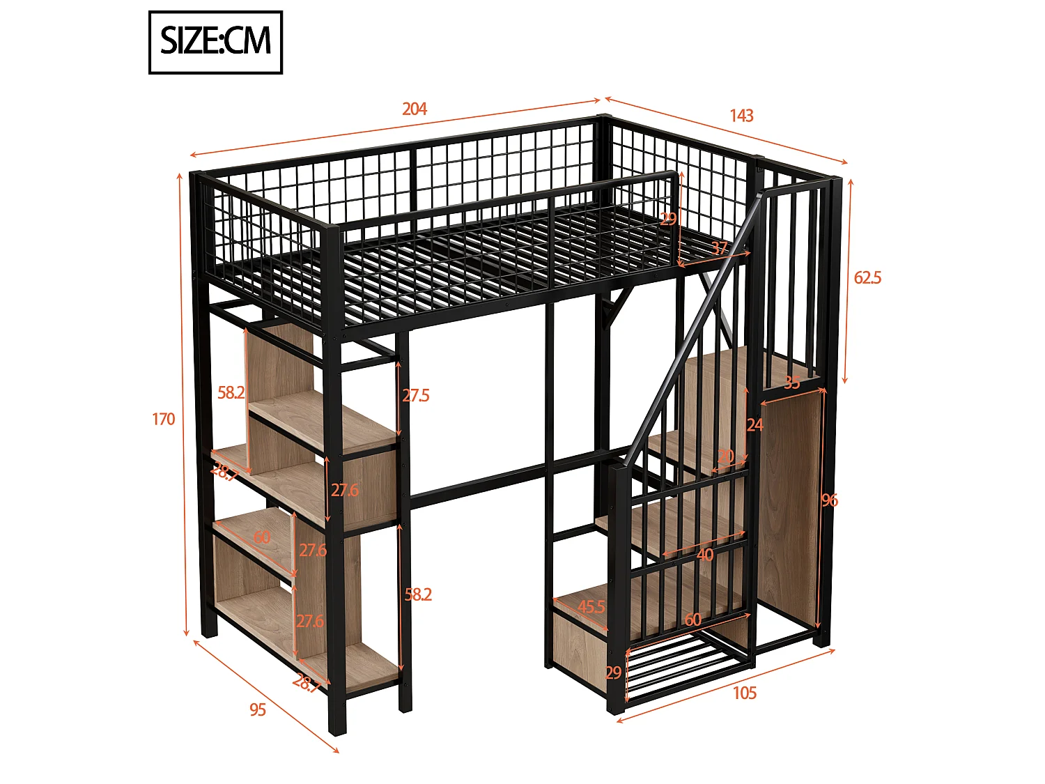 Lit mezzanine 90x200cm avec étagères et escalier de rangement, MDF + métal, noir