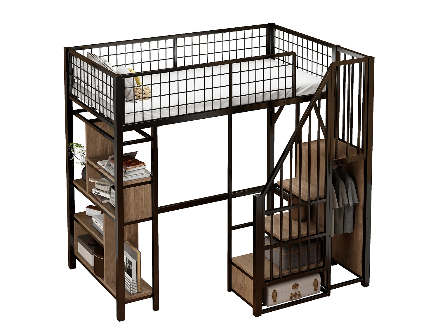 Lit mezzanine 90x200cm avec étagères et escalier de rangement, MDF + métal, noir