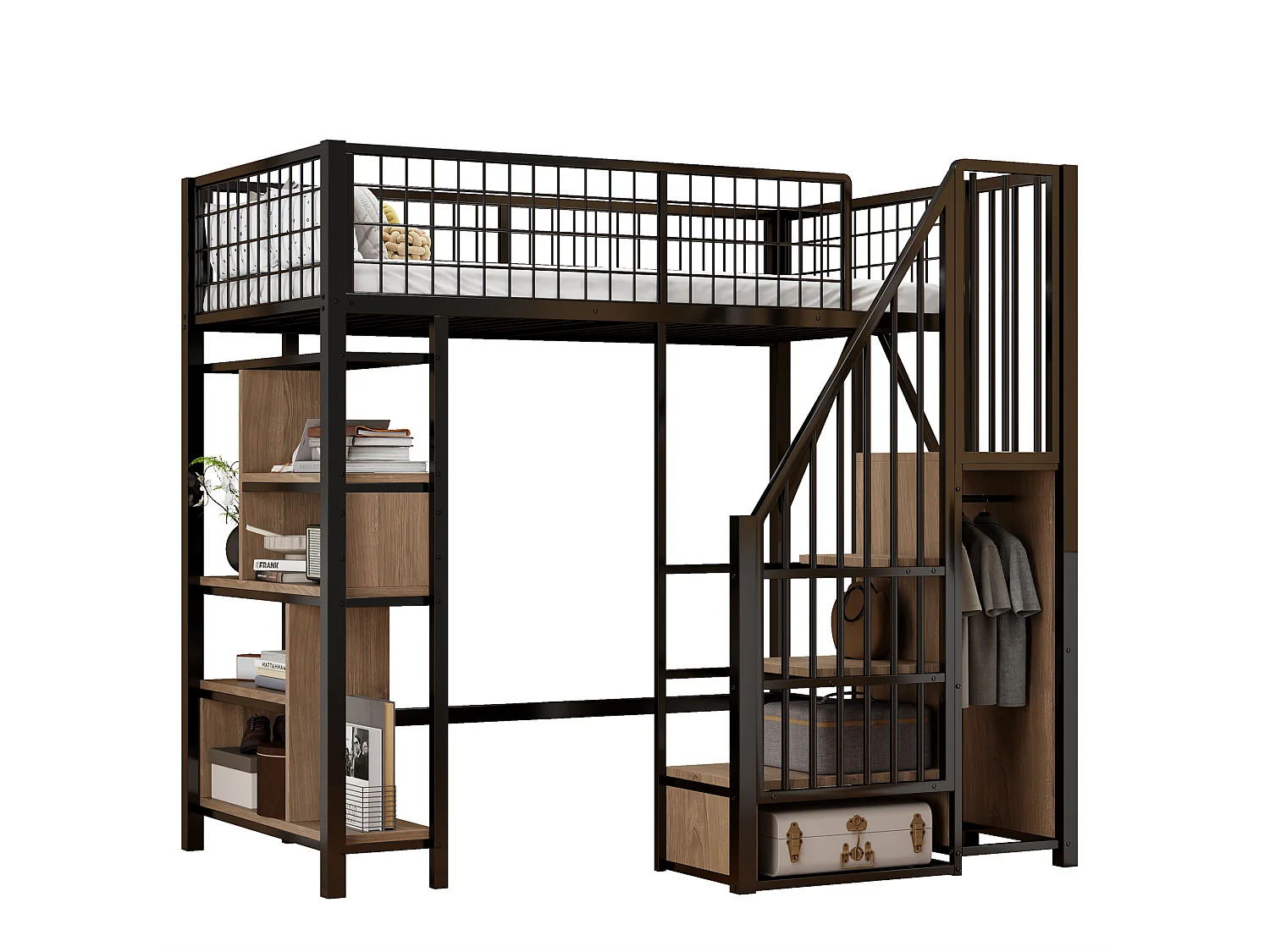 Lit mezzanine 90x200cm avec étagères et escalier de rangement, MDF + métal, noir