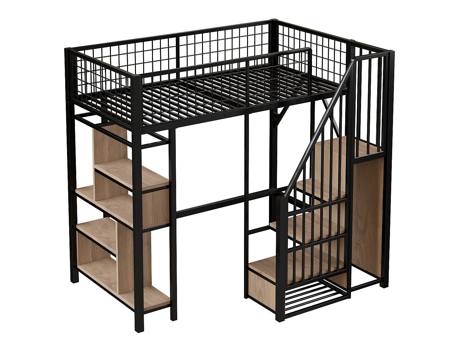Lit mezzanine 90x200cm avec étagères et escalier de rangement, MDF + métal, noir