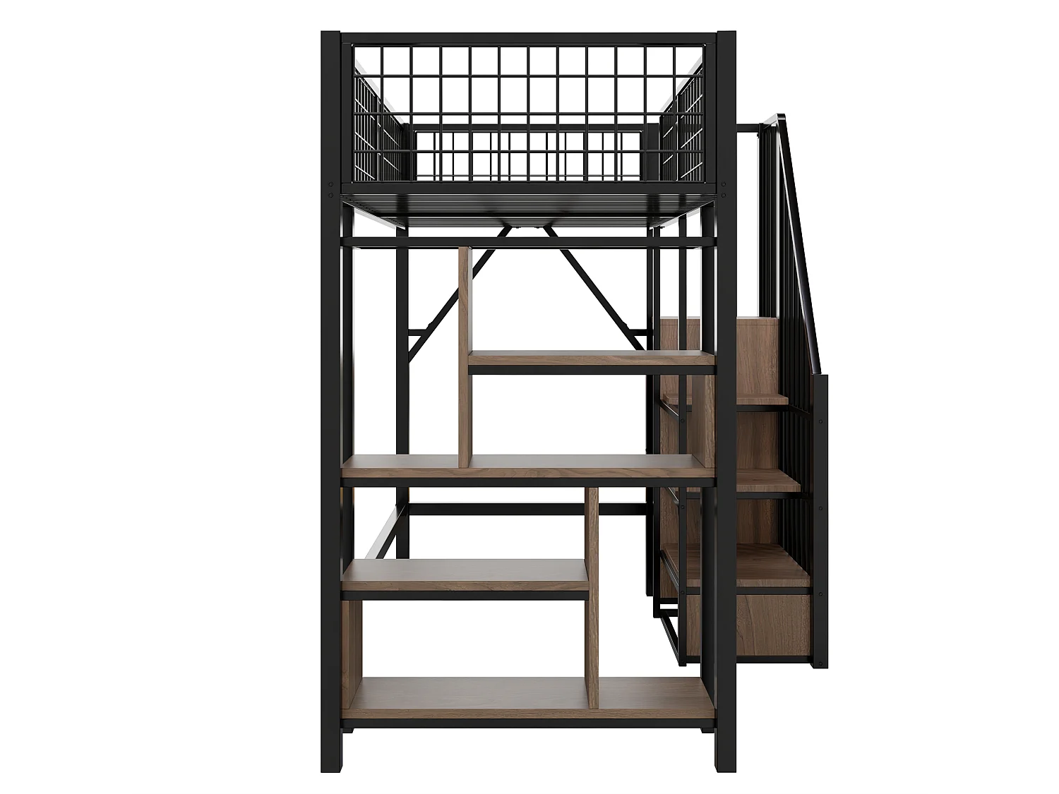 Lit mezzanine 90x200cm avec étagères et escalier de rangement, MDF + métal, noir