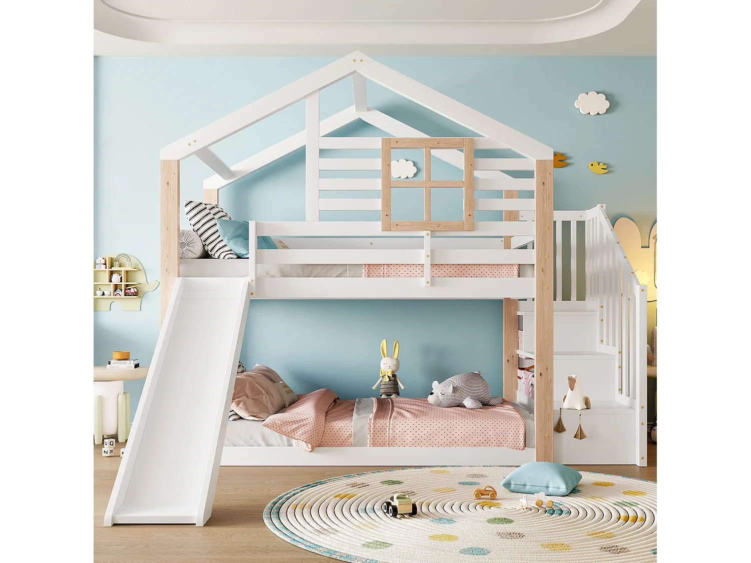 Litera infantil tipo cabaña, 90x200cm, con tobogán y escalera con almacenaje, blanca