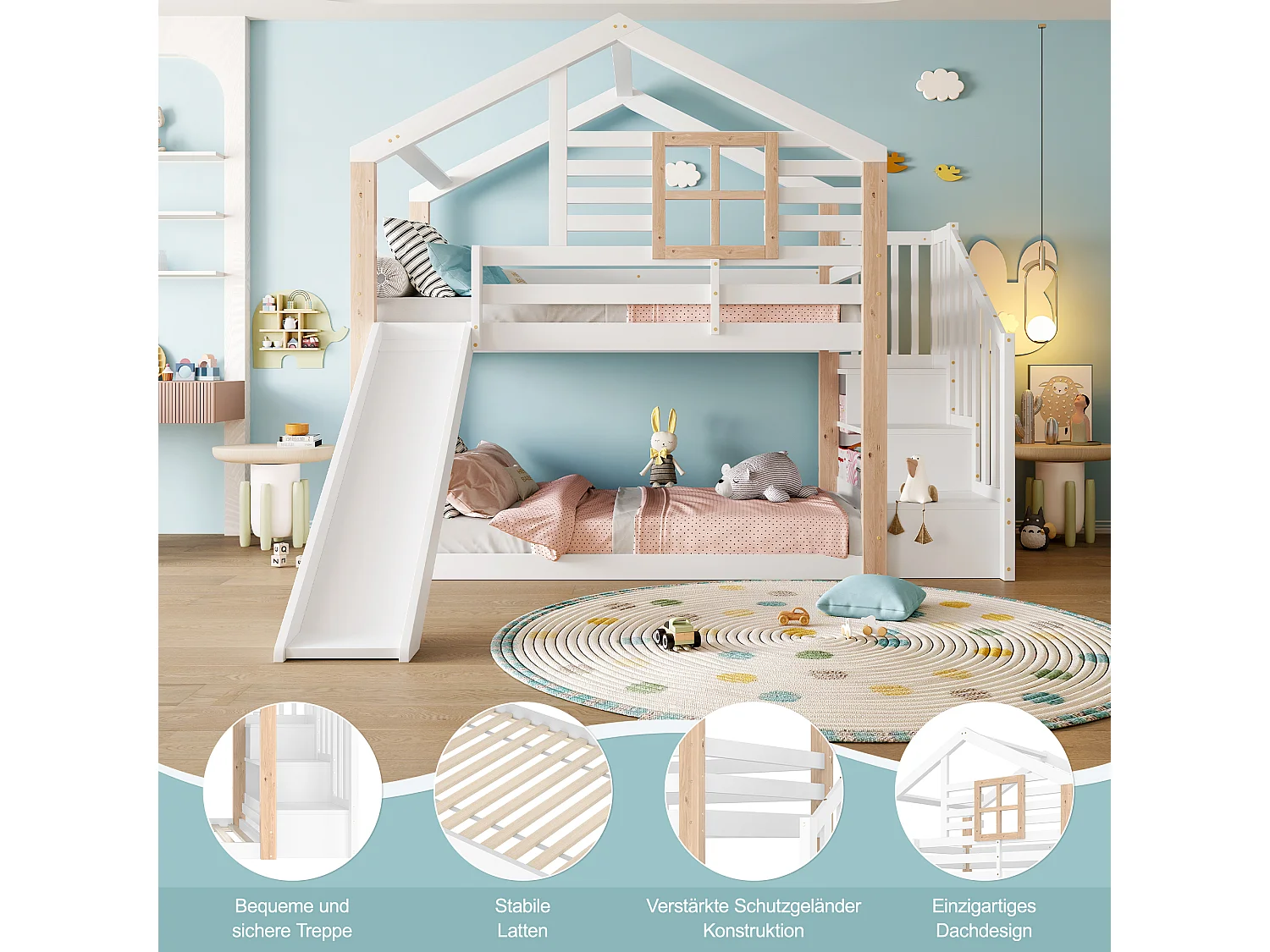 Litera infantil tipo cabaña, 90x200cm, con tobogán y escalera con almacenaje, blanca