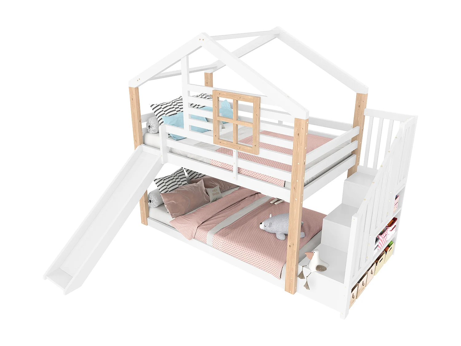 Litera infantil tipo cabaña, 90x200cm, con tobogán y escalera con almacenaje, blanca