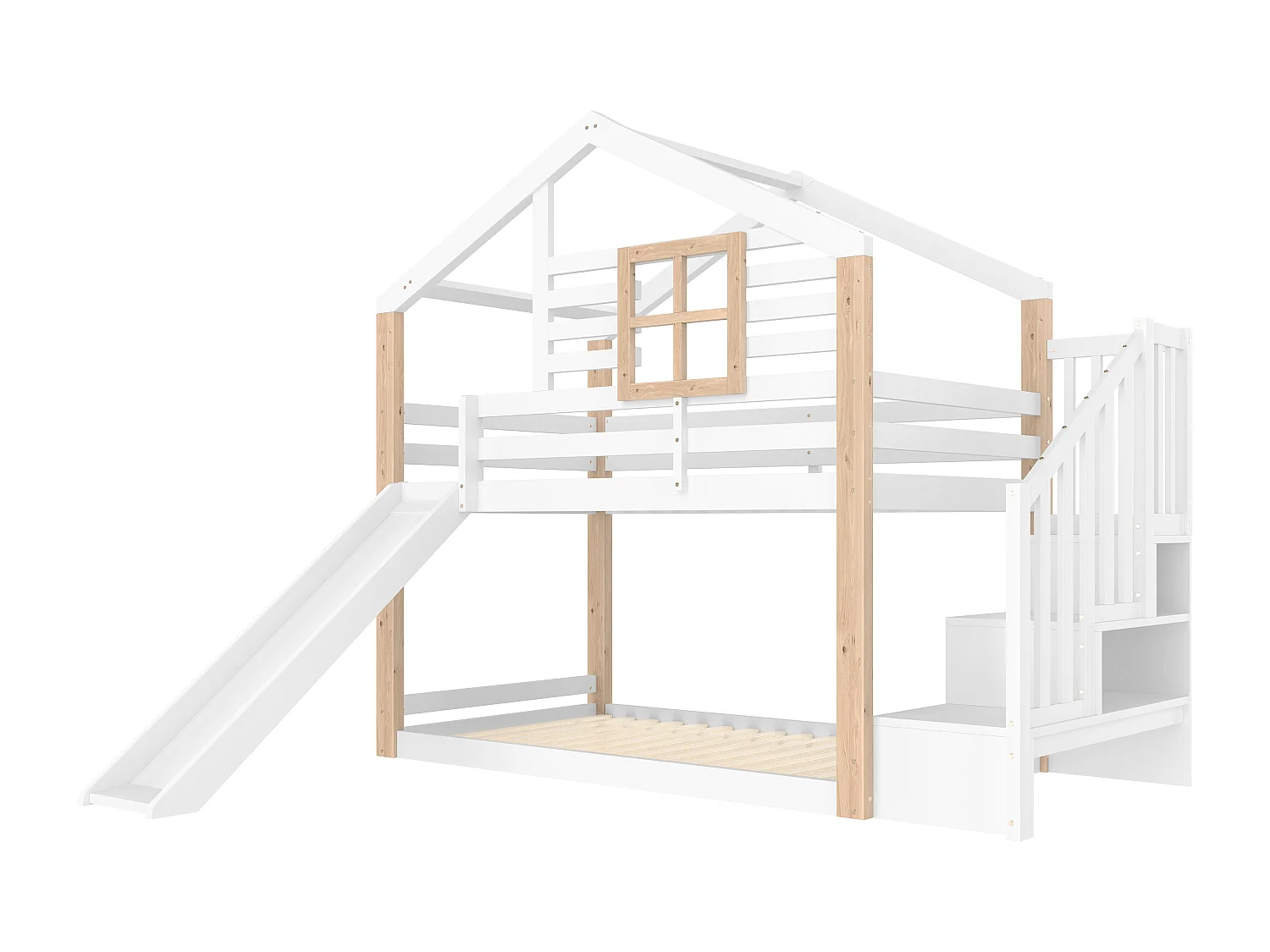 Litera infantil tipo cabaña, 90x200cm, con tobogán y escalera con almacenaje, blanca