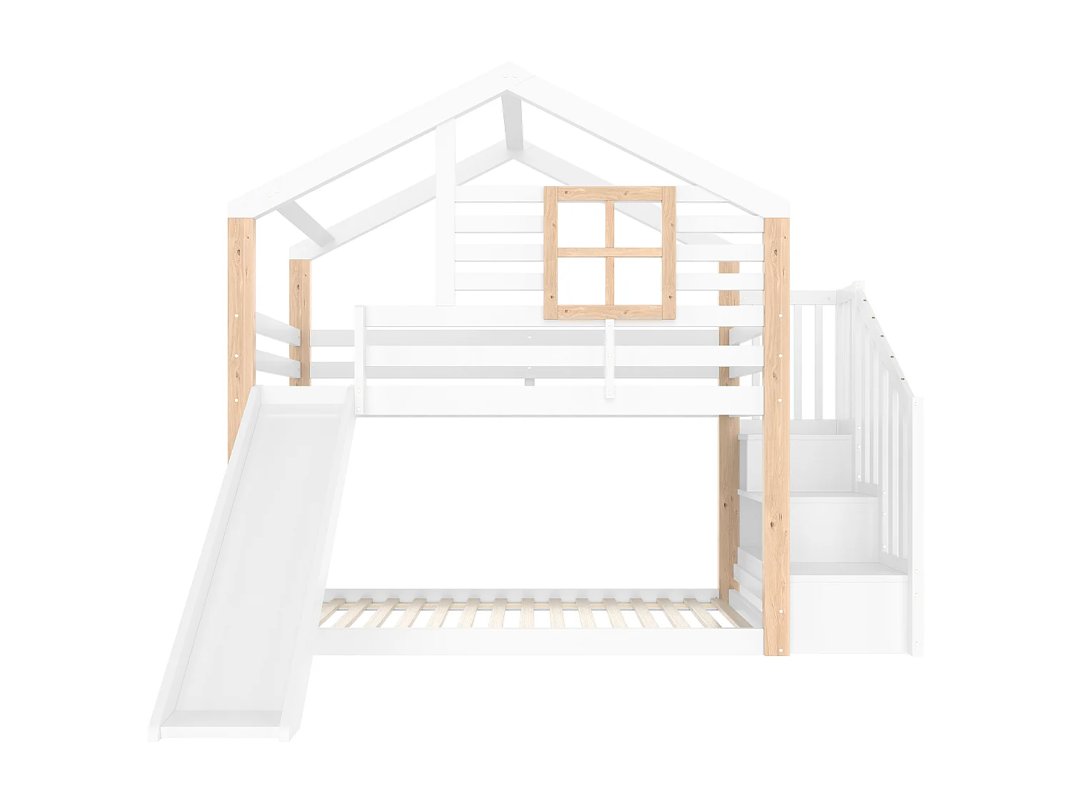 Litera infantil tipo cabaña, 90x200cm, con tobogán y escalera con almacenaje, blanca