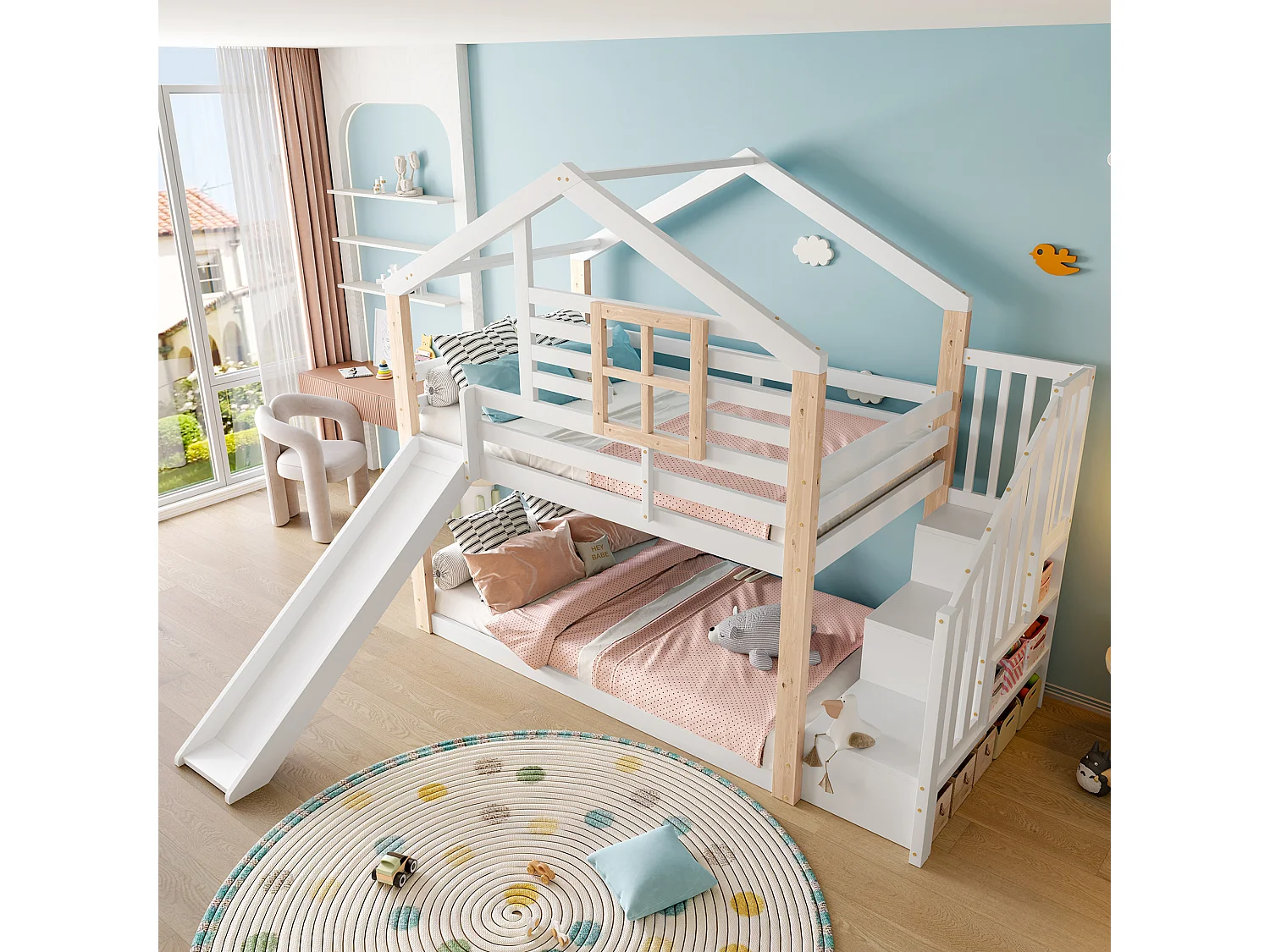 Lit superposé cabane enfant 90x200cm avec toboggan et escalier de rangement, blanc