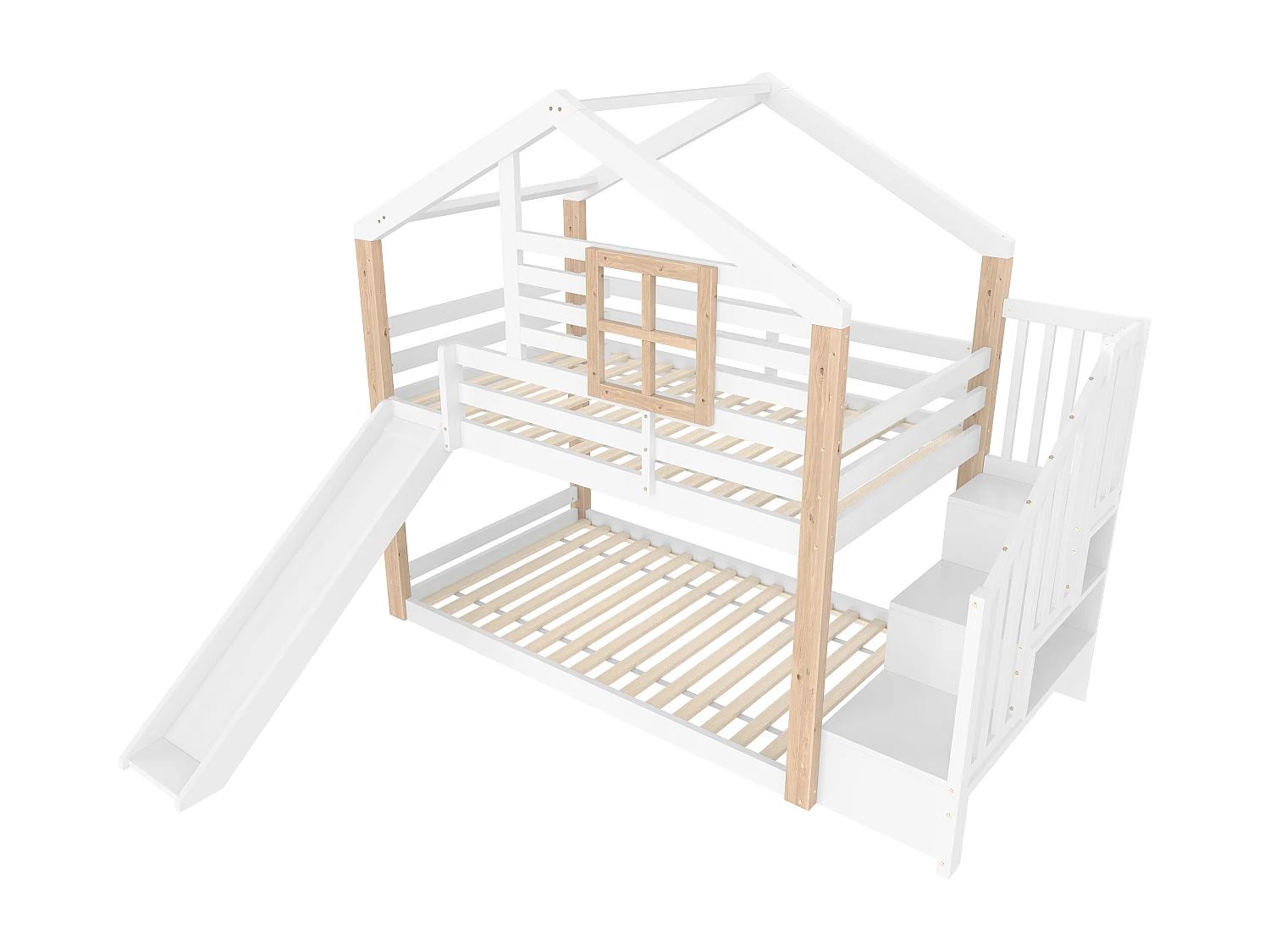 Lit superposé cabane enfant 90x200cm avec toboggan et escalier de rangement, blanc