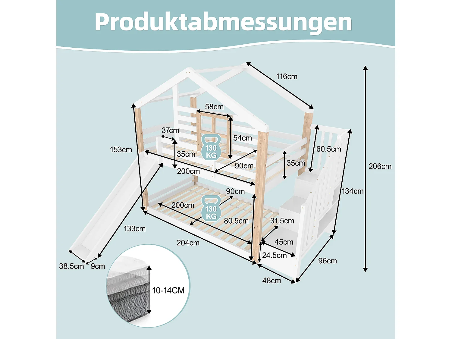 Lit superposé cabane enfant 90x200cm avec toboggan et escalier de rangement, blanc