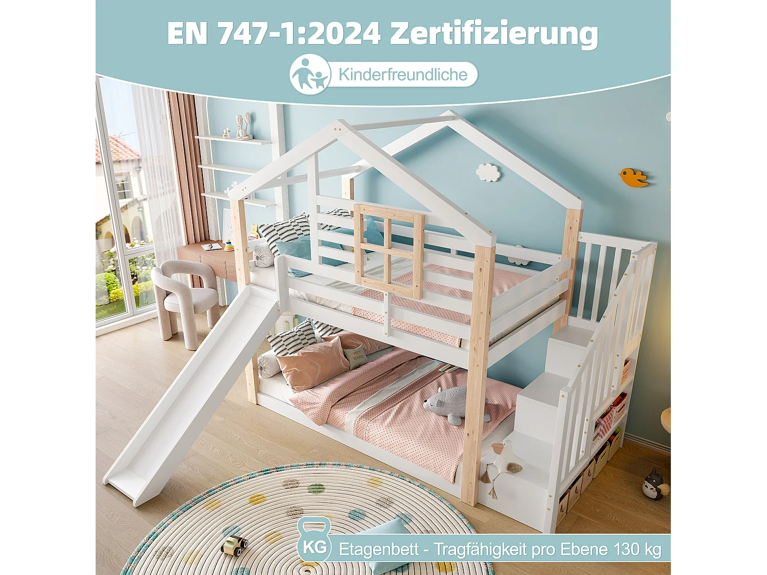 Lit superposé cabane enfant 90x200cm avec toboggan et escalier de rangement, blanc