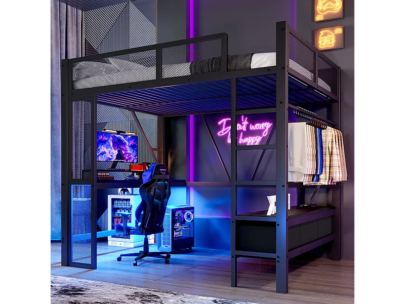 Lit mezzanine enfant 140x200cm avec USB, LED, bureau et 3 tiroirs - MDF et métal -Noir