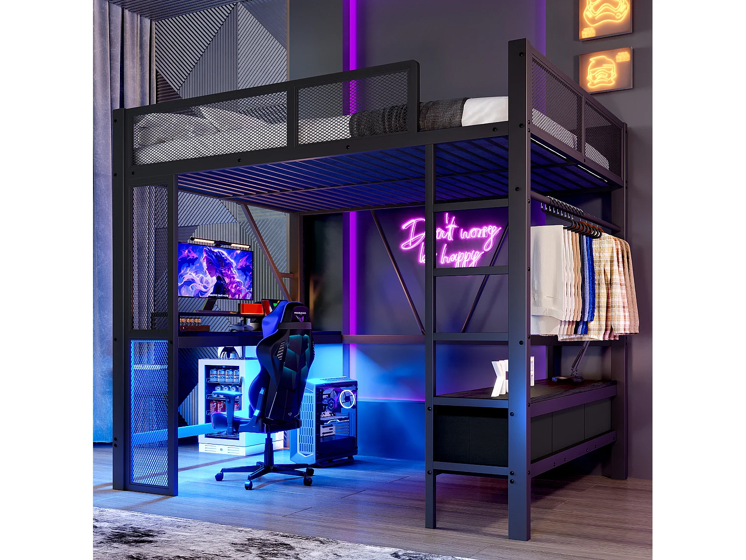 Lit mezzanine enfant 140x200cm avec USB, LED, bureau et 3 tiroirs - MDF et métal -Noir
