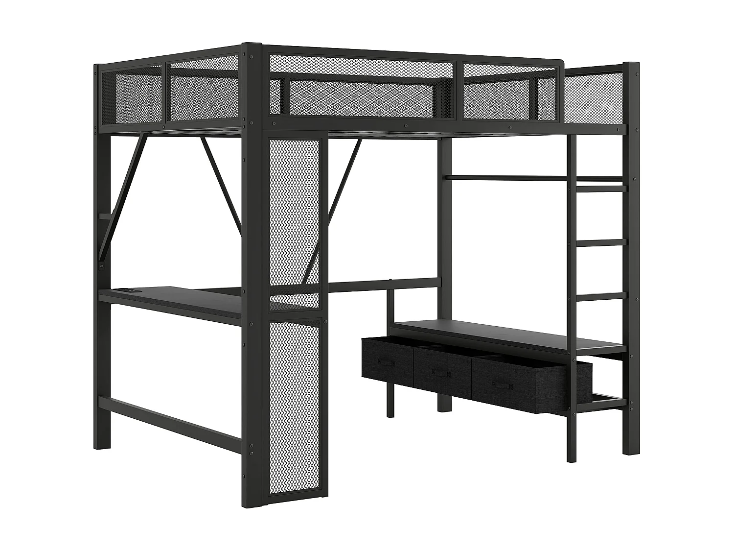Lit mezzanine enfant 140x200cm avec USB, LED, bureau et 3 tiroirs - MDF et métal -Noir
