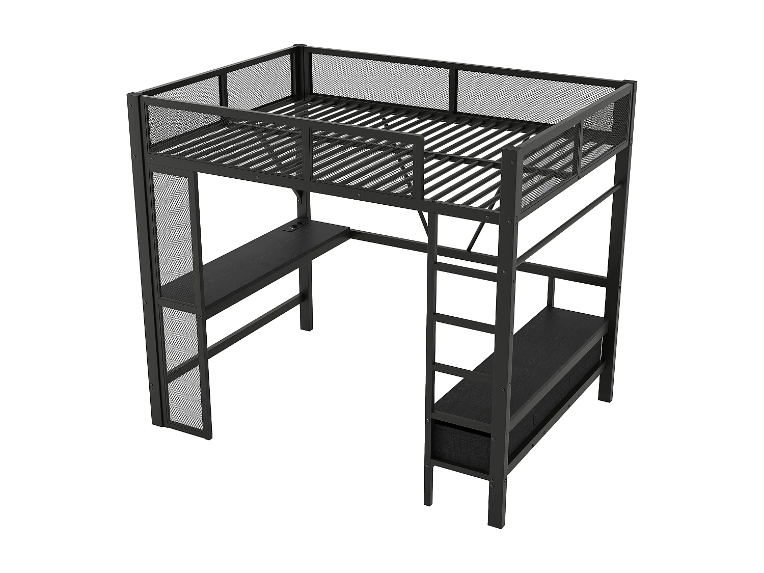 Lit mezzanine enfant 140x200cm avec USB, LED, bureau et 3 tiroirs - MDF et métal -Noir