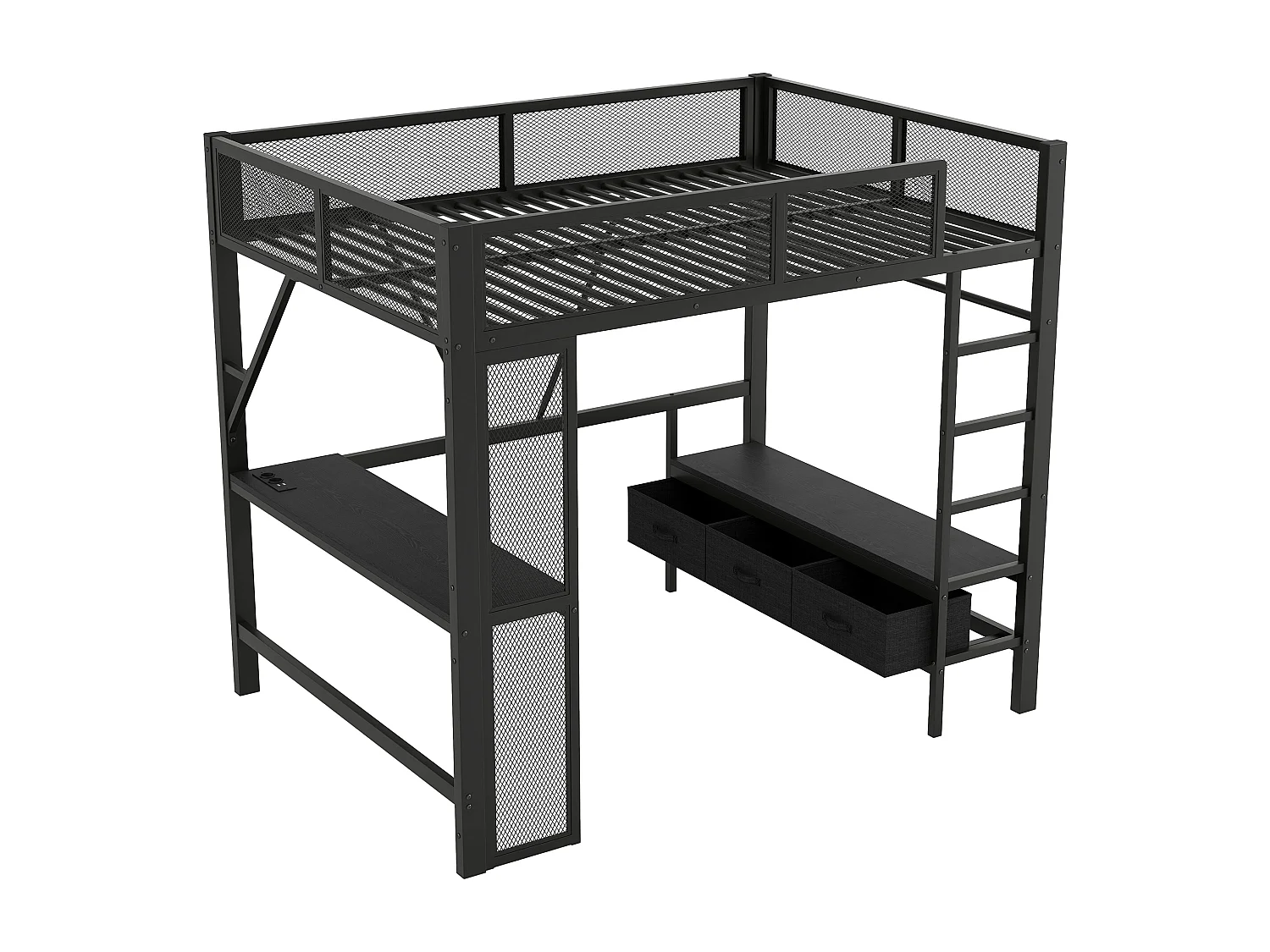 Lit mezzanine enfant 140x200cm avec USB, LED, bureau et 3 tiroirs - MDF et métal -Noir