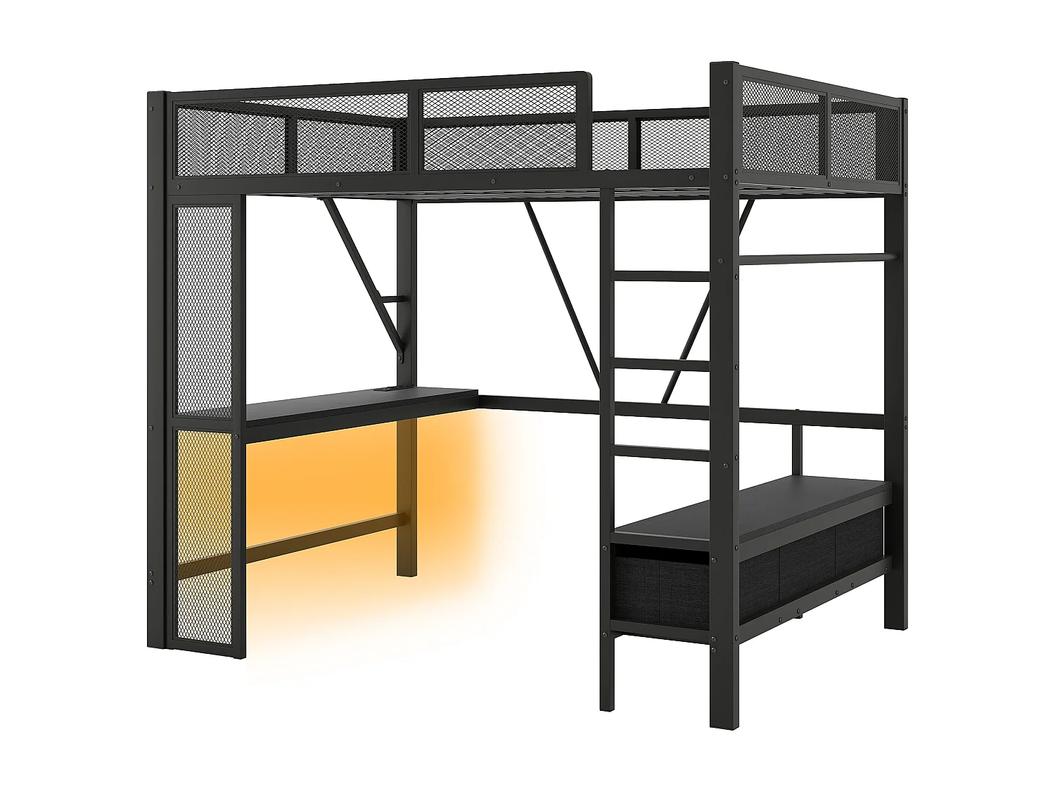 Lit mezzanine enfant 140x200cm avec USB, LED, bureau et 3 tiroirs - MDF et métal -Noir