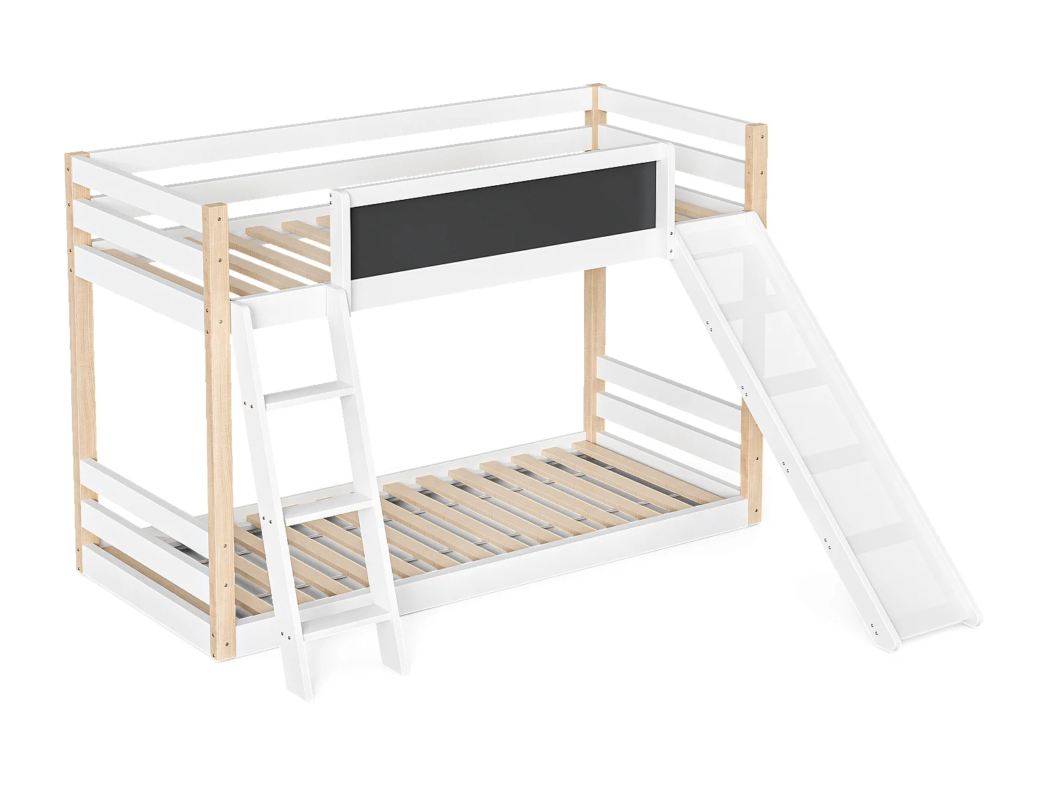 Lit superposé 90×200 cm et 90×190 cm, lit enfant avec toboggan et tableau noir, blanc et naturel