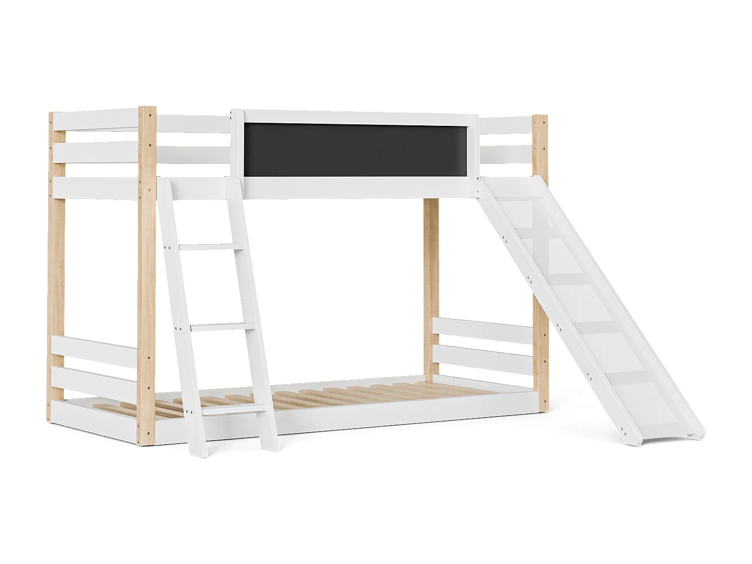 Lit superposé 90×200 cm et 90×190 cm, lit enfant avec toboggan et tableau noir, blanc et naturel