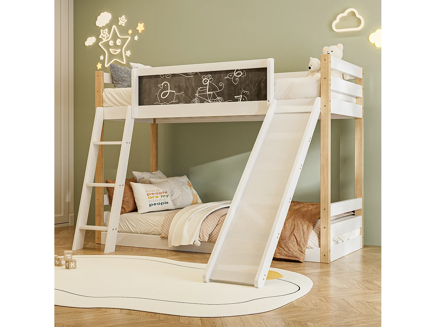 Lit superposé 90×200 cm et 90×190 cm, lit enfant avec toboggan et tableau noir, blanc et naturel