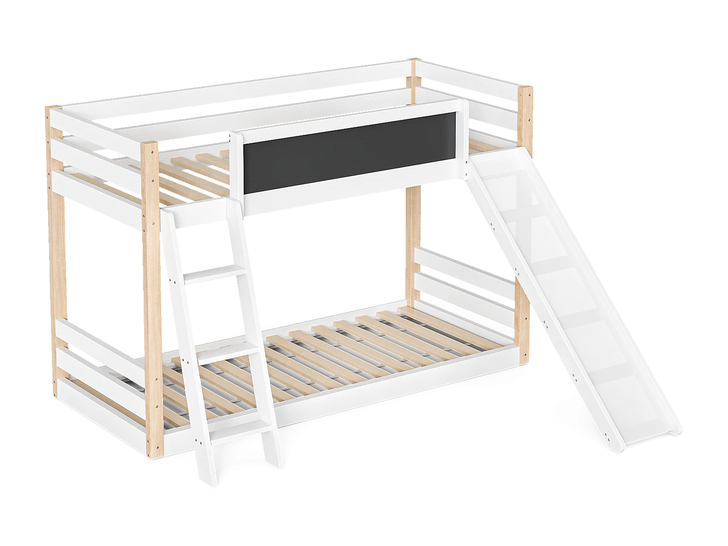 Lit superposé 90×200 cm et 90×190 cm, lit enfant avec toboggan et tableau noir, blanc et naturel