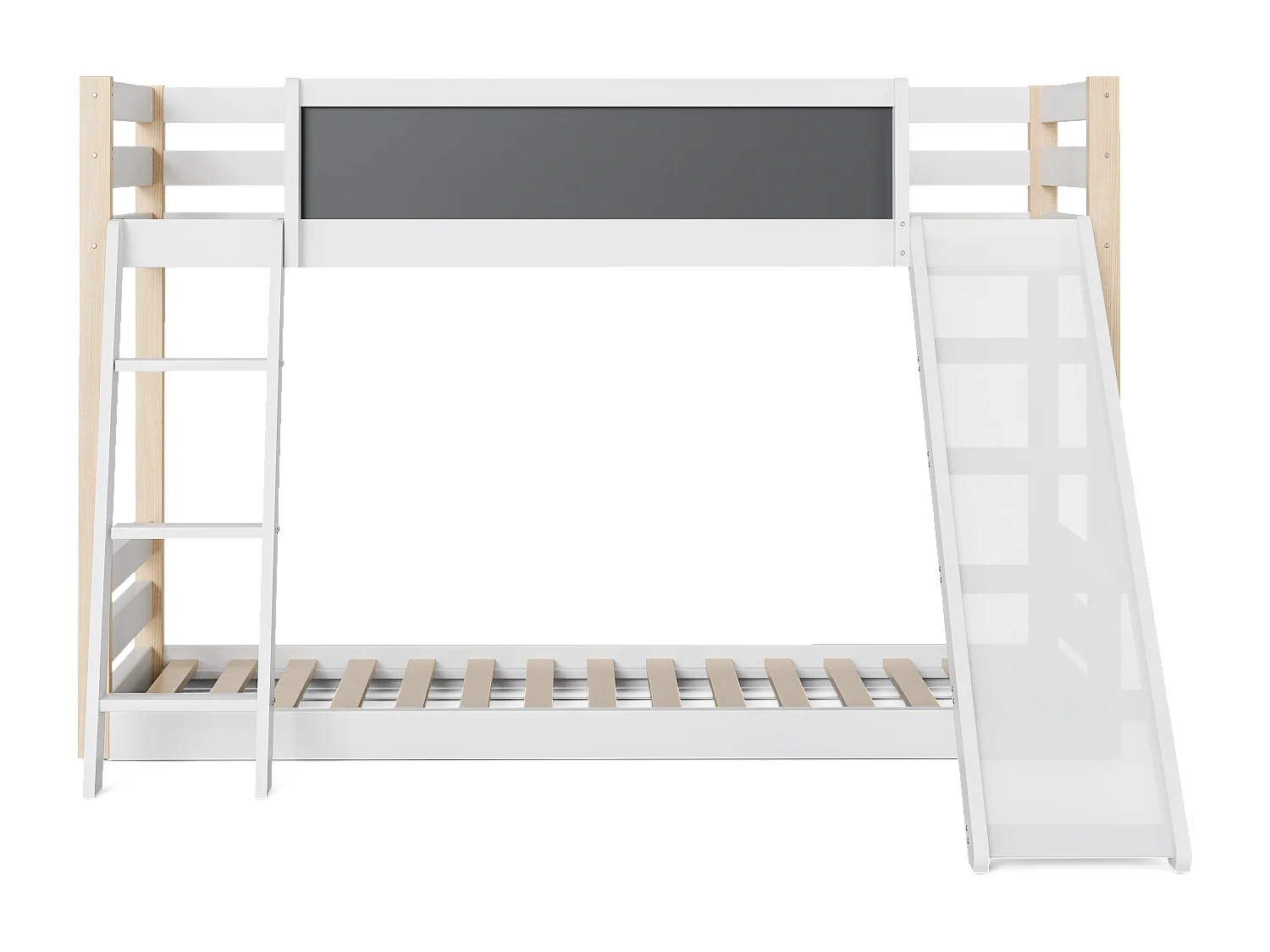 Lit superposé 90×200 cm et 90×190 cm, lit enfant avec toboggan et tableau noir, blanc et naturel