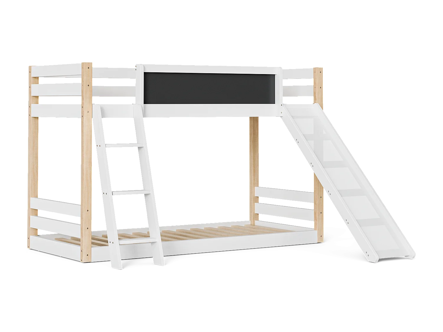 Lit superposé 90×200 cm et 90×190 cm, lit enfant avec toboggan et tableau noir, blanc et naturel