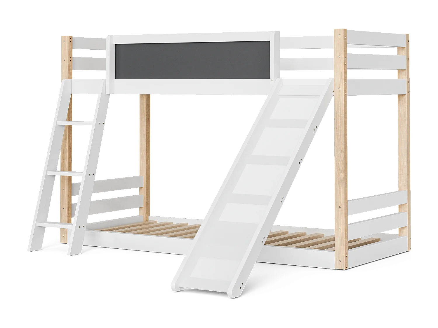 Lit superposé 90×200 cm et 90×190 cm, lit enfant avec toboggan et tableau noir, blanc et naturel