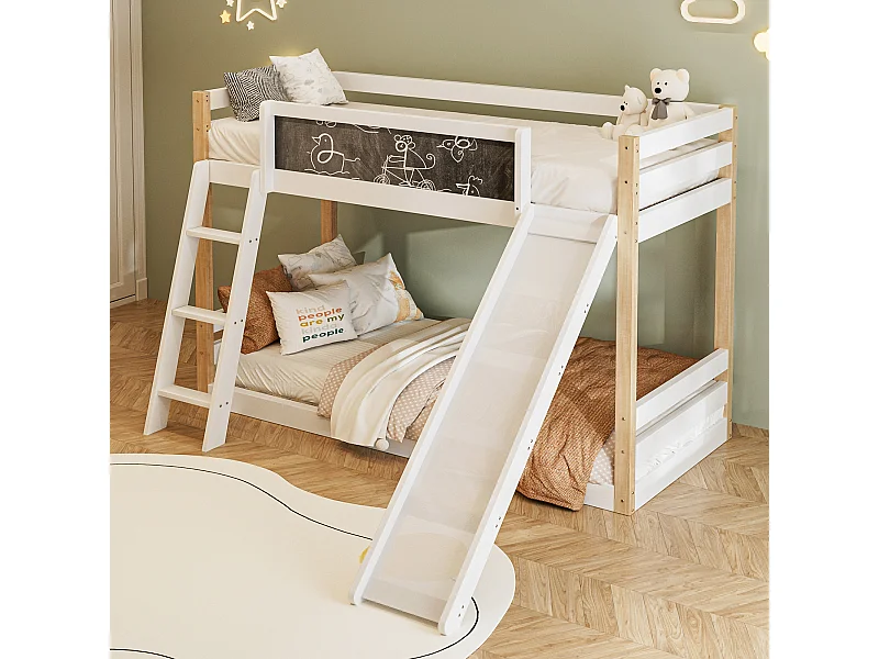 Stapelbed 90×200 cm en 90×190 cm, kinderbed met glijbaan en krijtbord, wit en naturel