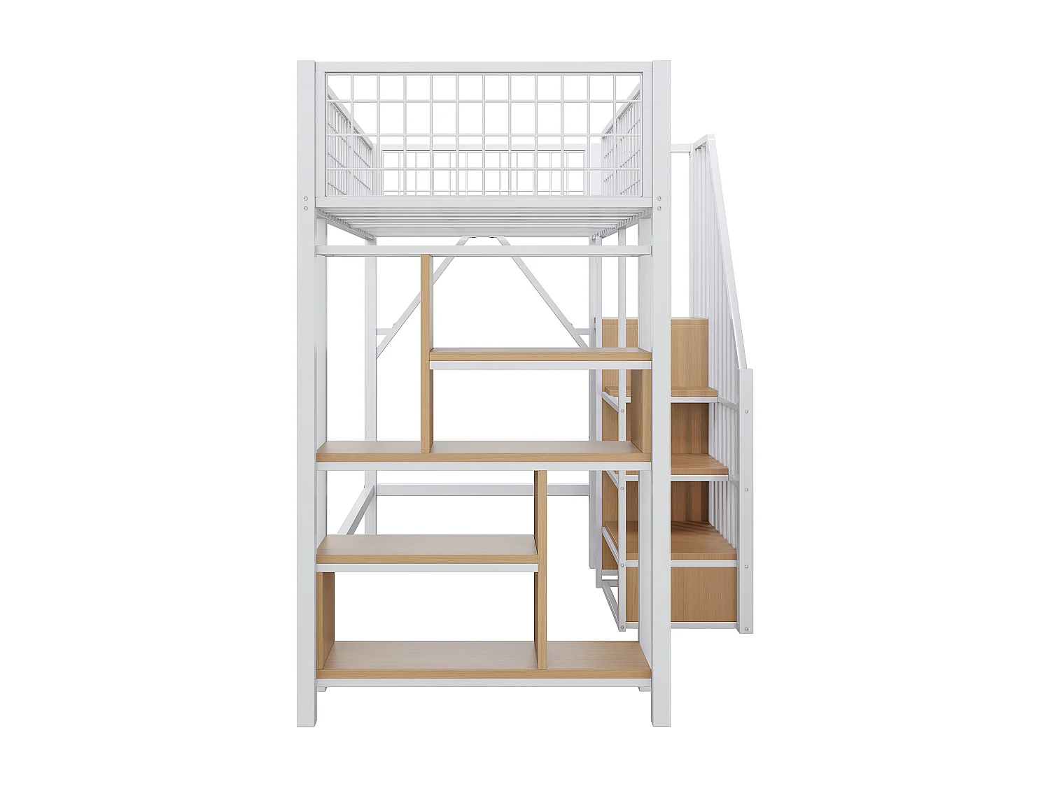 Letto a soppalco 90x200cm con ripiani e scala contenitore, MDF + metallo, bianco