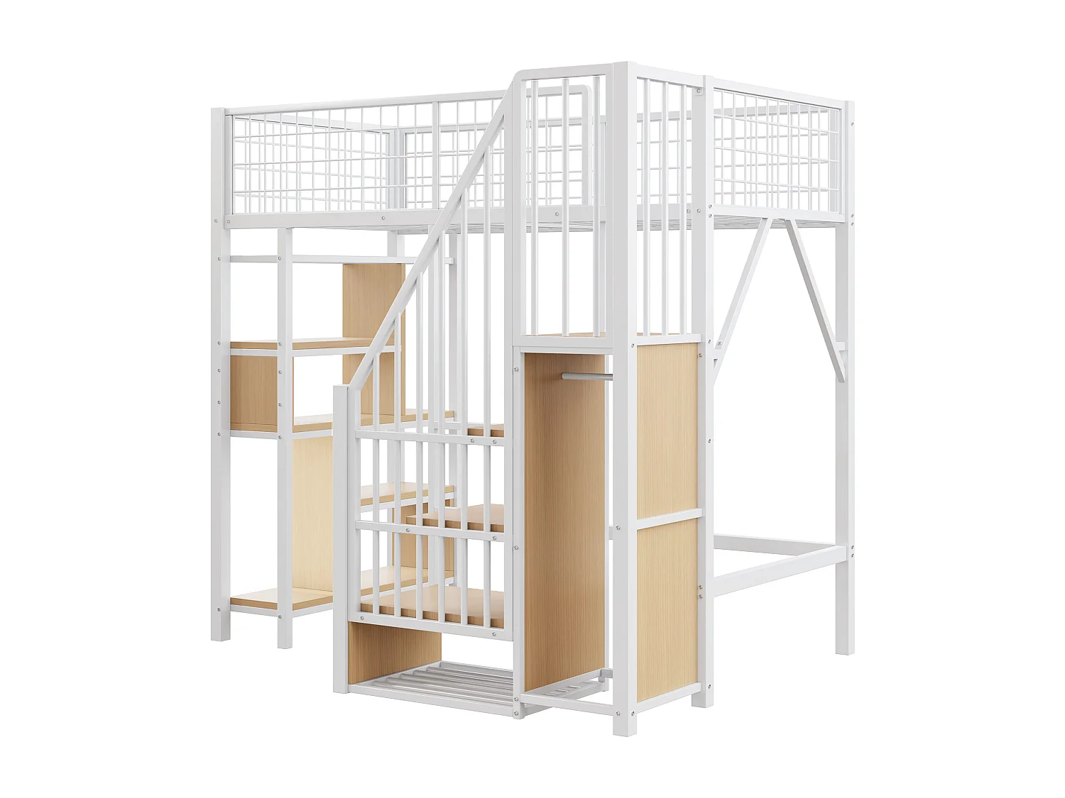 Letto a soppalco 90x200cm con ripiani e scala contenitore, MDF + metallo, bianco