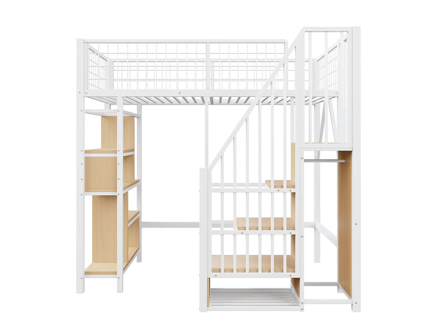 Cama alta de 90x200cm com prateleiras e escada de arrumação, MDF + metal, branca