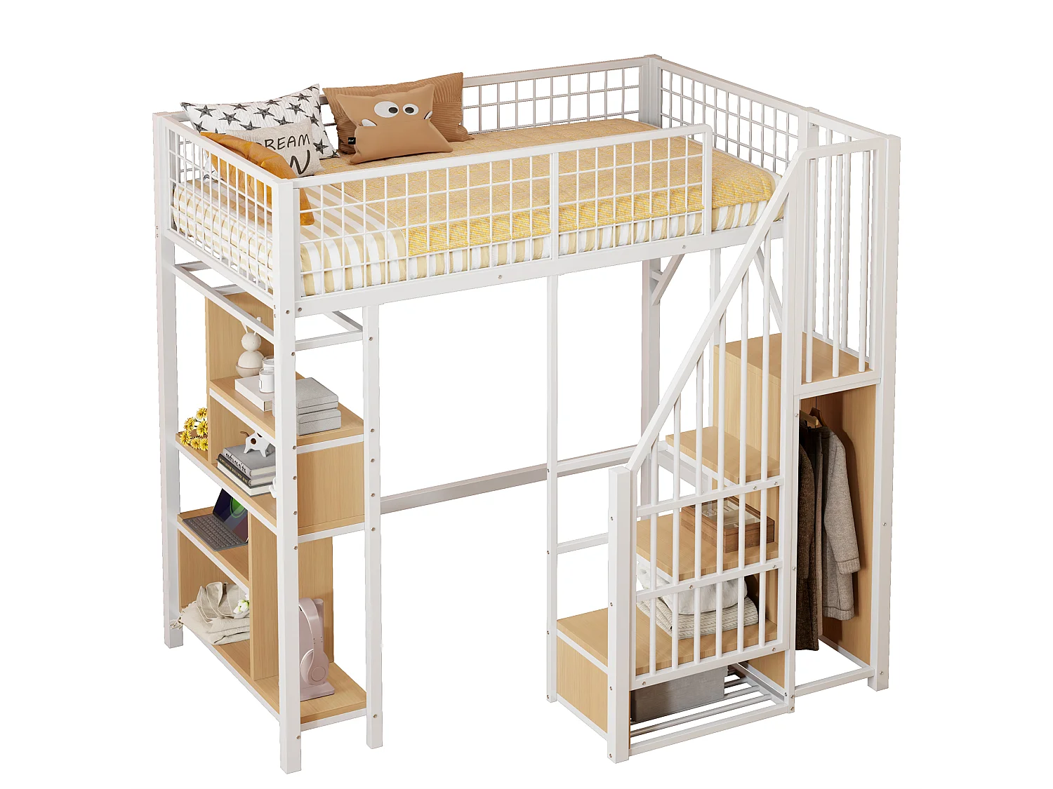 Cama alta de 90x200cm com prateleiras e escada de arrumação, MDF + metal, branca