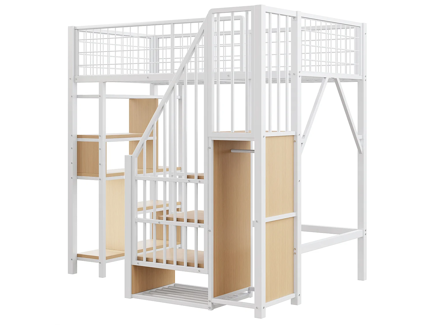 Cama alta de 90x200cm com prateleiras e escada de arrumação, MDF + metal, branca