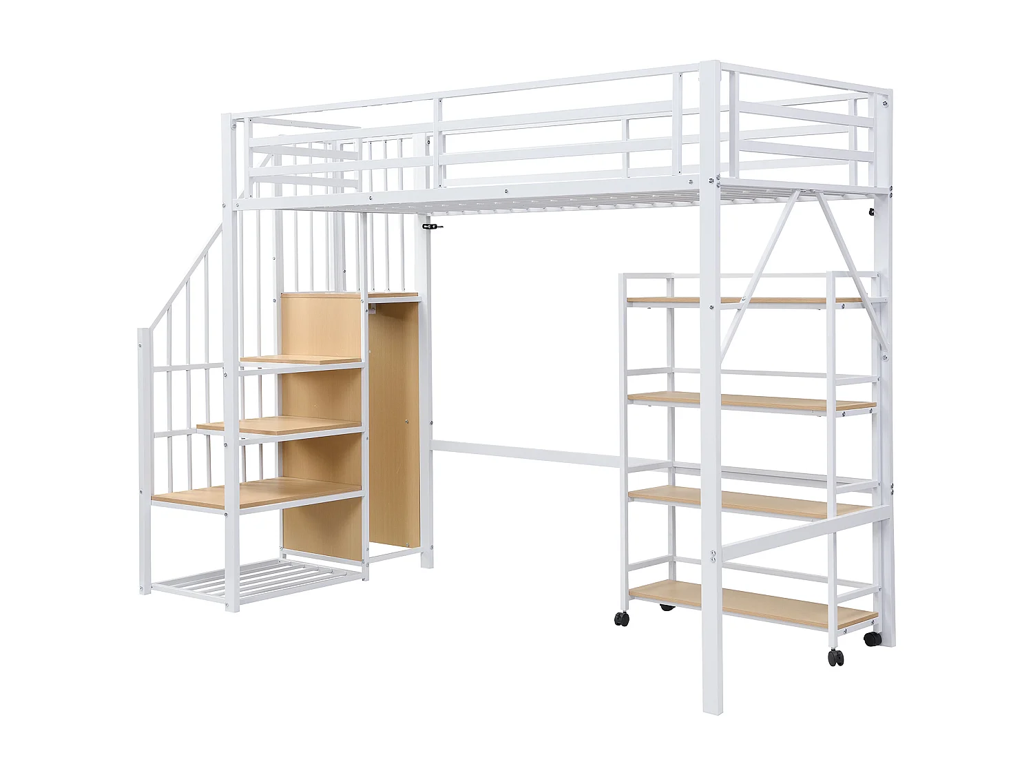 Lit mezzanine 90x200cm avec armoire et étagères à 4 niveaux , métal + MDF, blanc + naturel